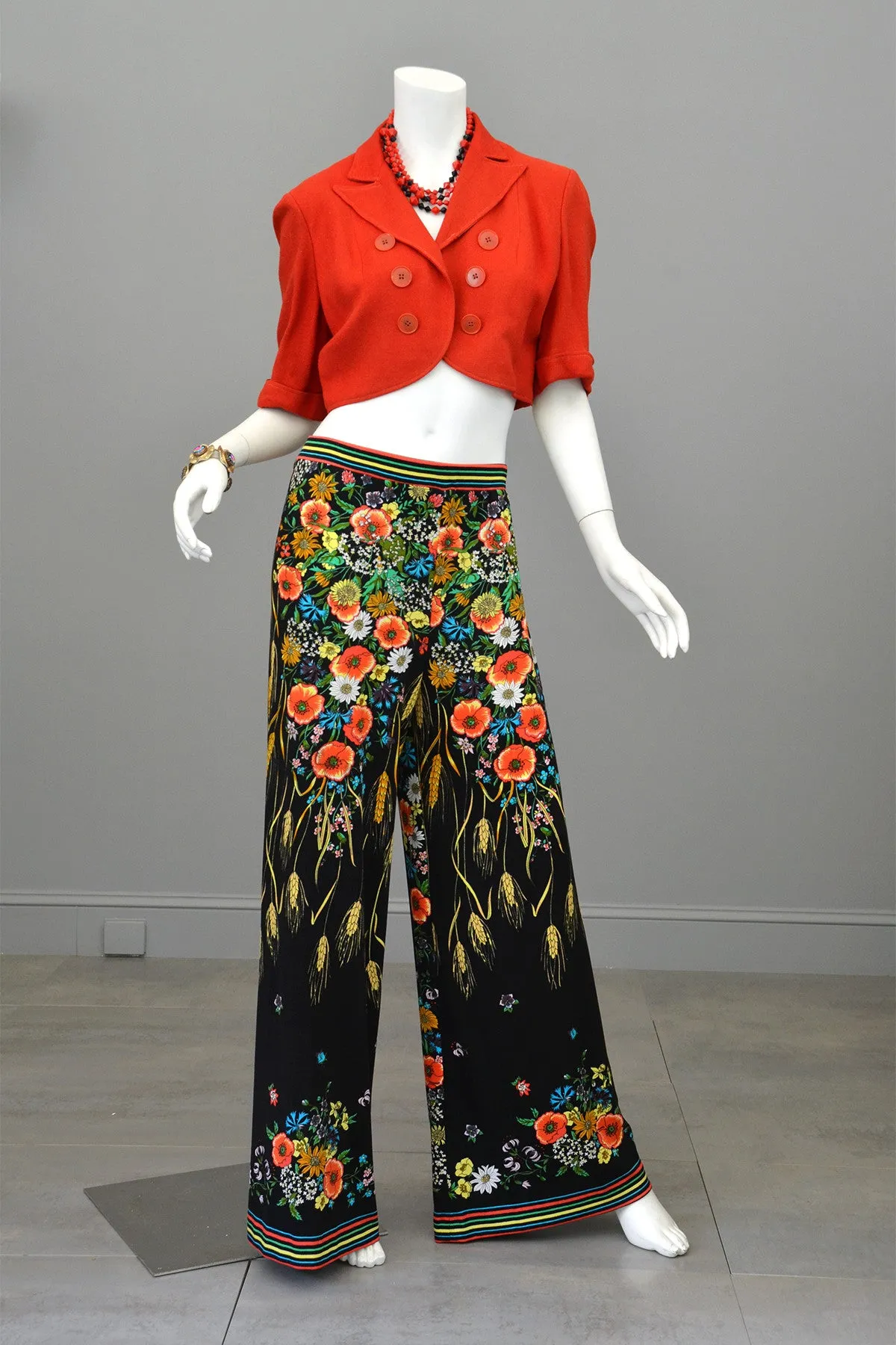 1970s Maurice Novelty Print Jersey Knit Pants and Tunic Wheat Print