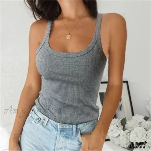 Amy Fashion - Spaghetti Vest Quality Knitted Camis U-neck Tank Tops