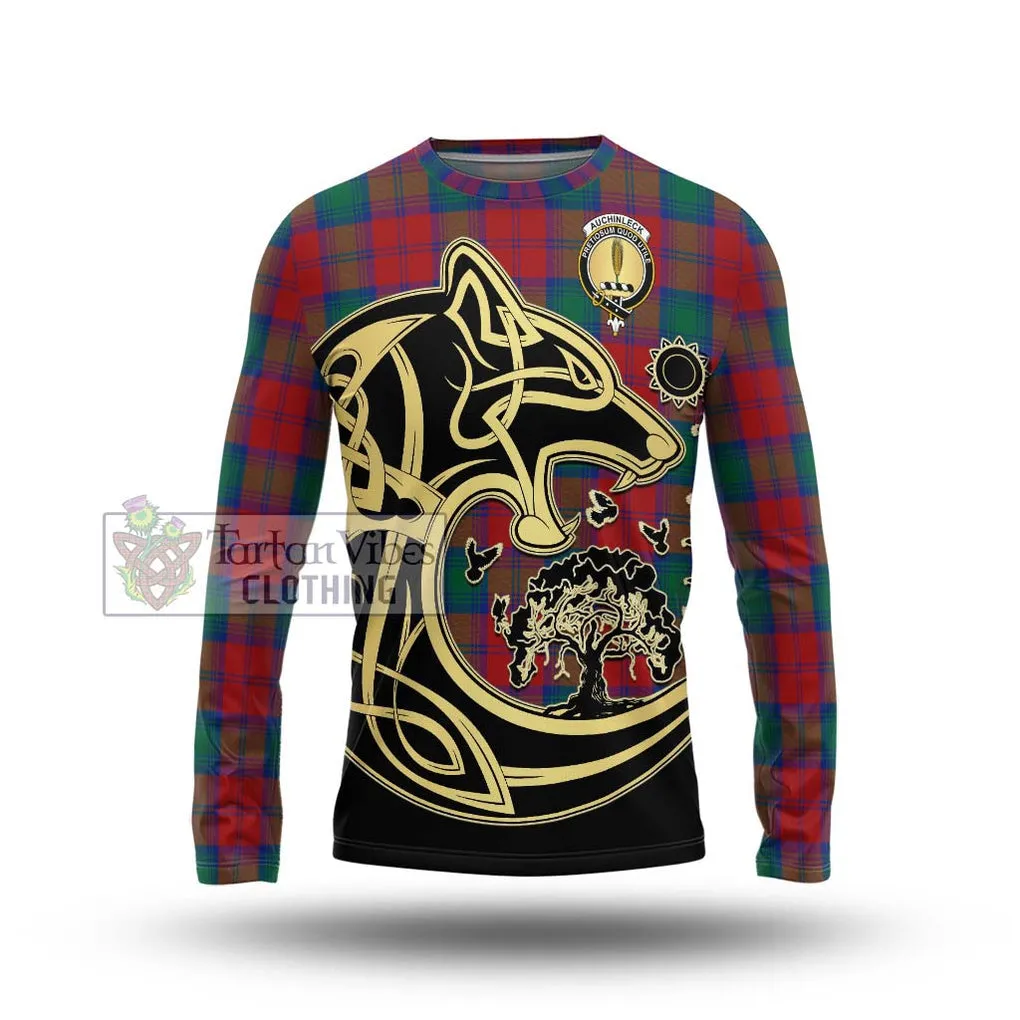 Auchinleck (Affleck) Tartan Long Sleeve T-Shirt with Family Crest Celtic Wolf Style