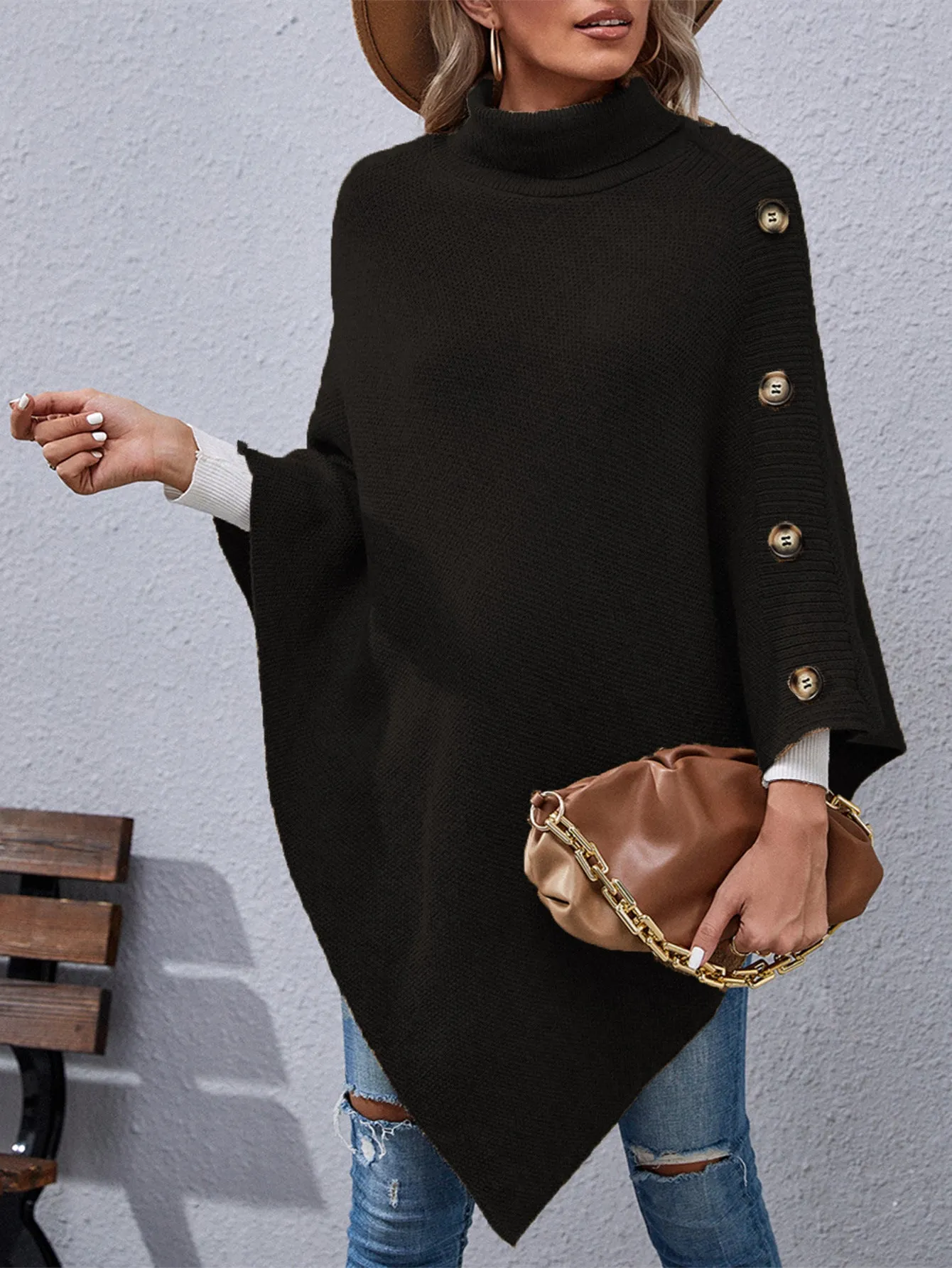 Autumn And Winter New Button High Collar Irregular Sweater Cape Women