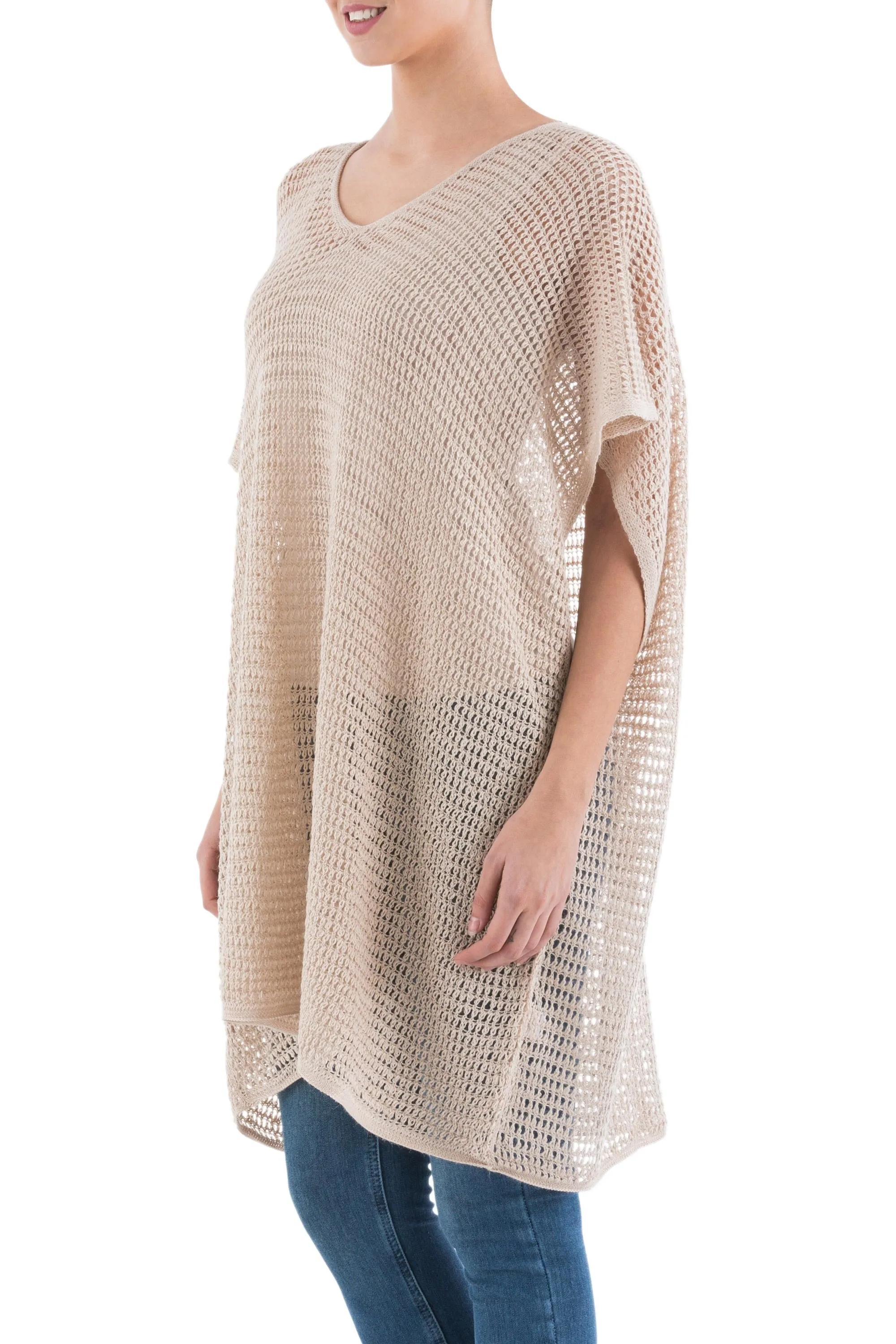 Beige Dreamcatcher Beige Tunic with V Neck and Short Sleeves