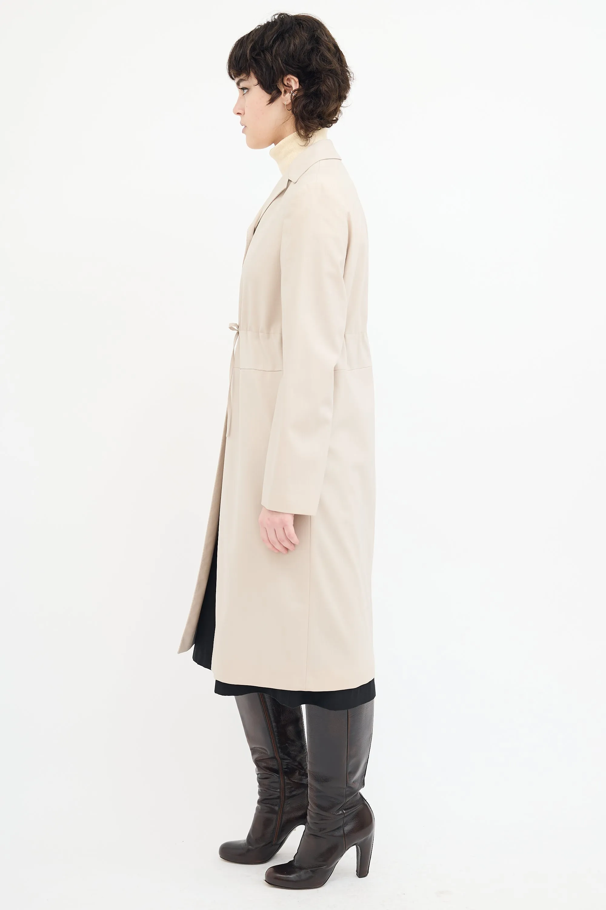 Beige Wool Drawstring Mid Length Coat