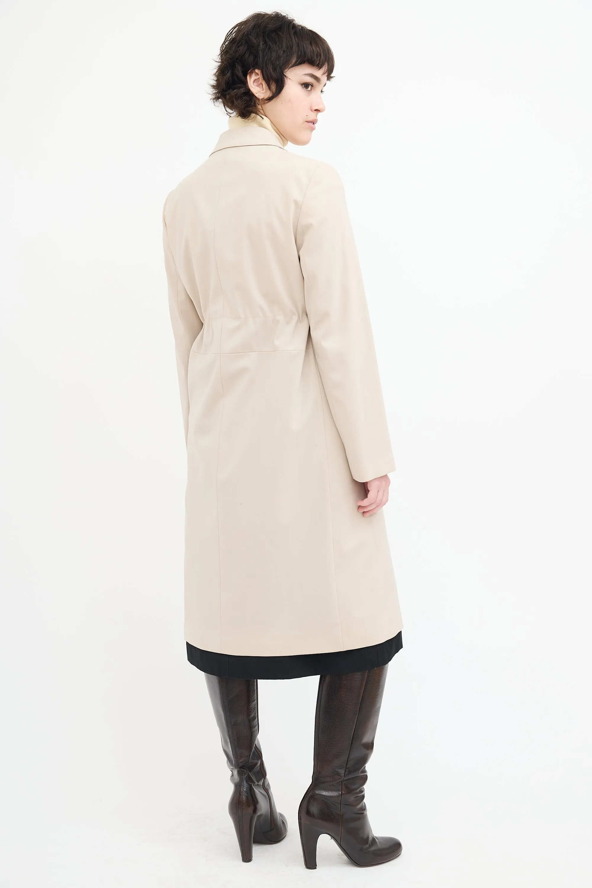 Beige Wool Drawstring Mid Length Coat