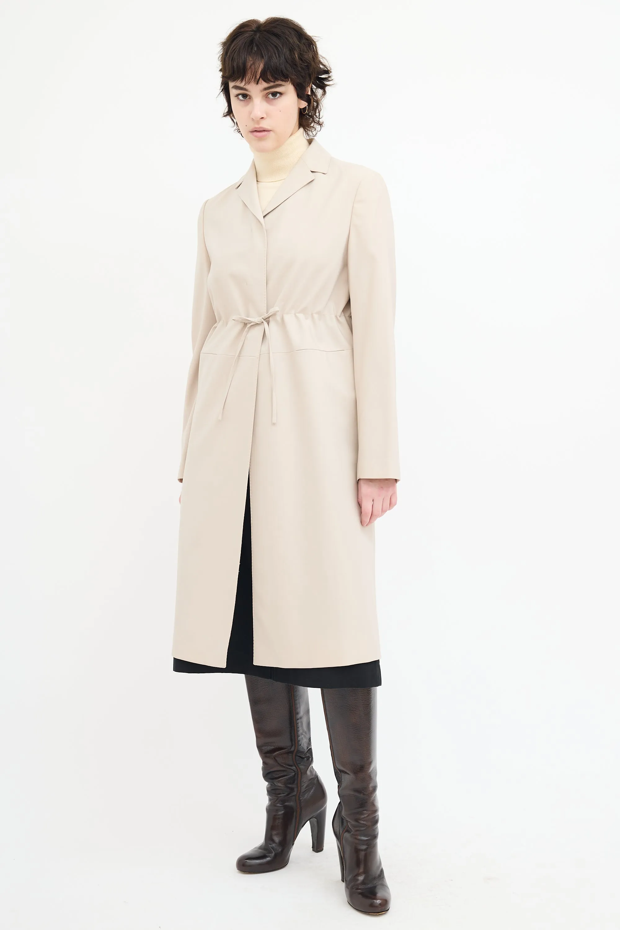 Beige Wool Drawstring Mid Length Coat