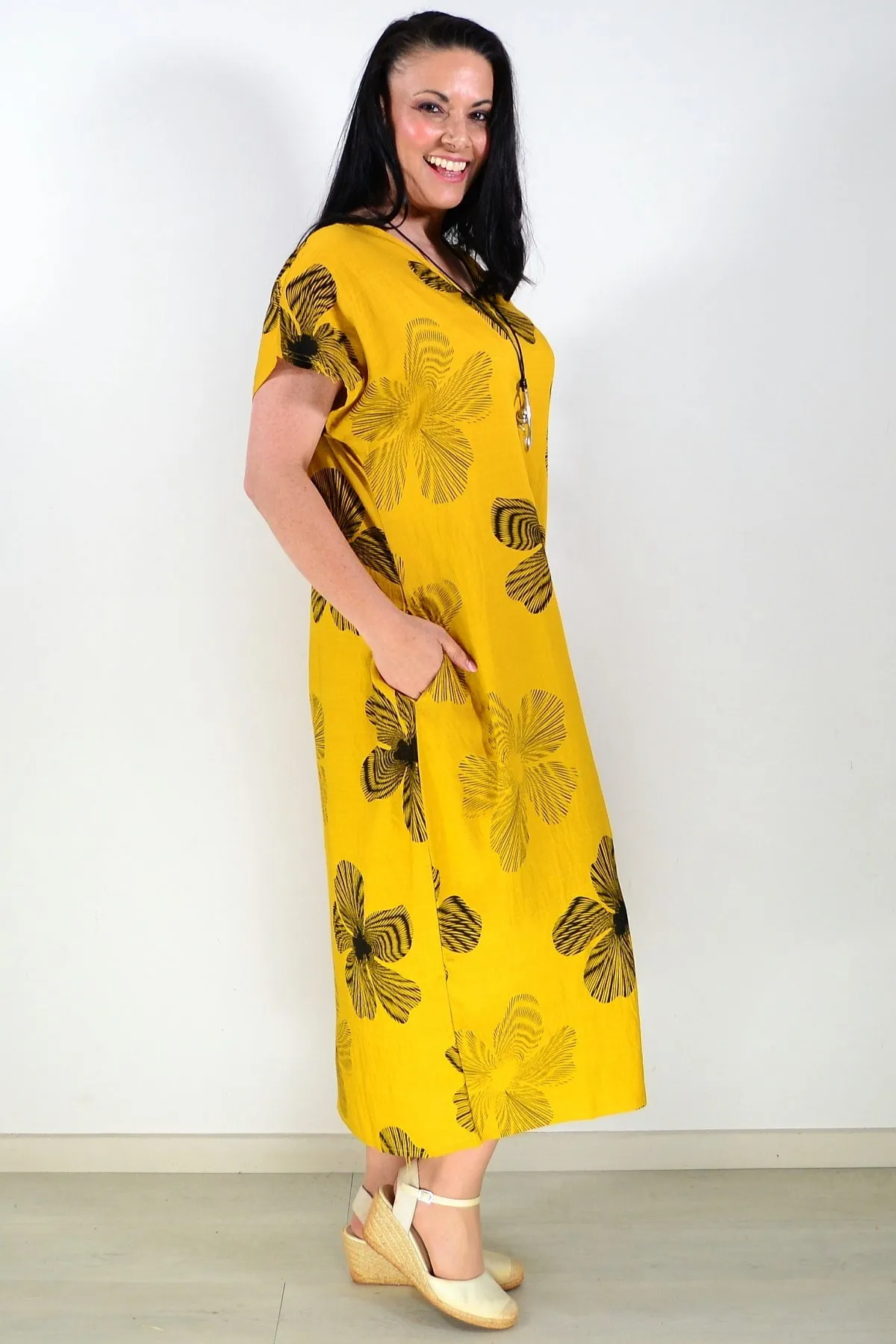 Black Floral Mustard Yellow Dress