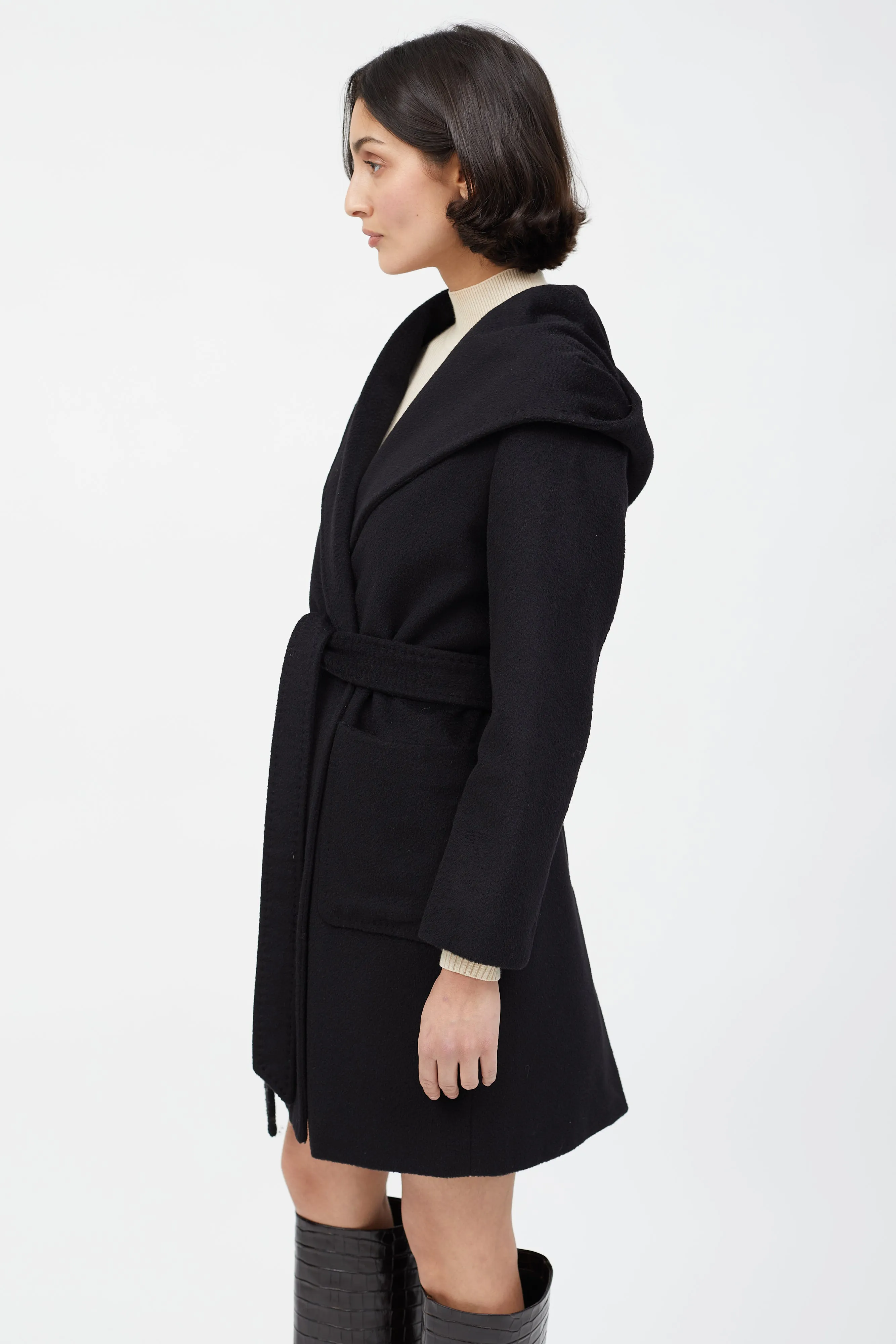 Black Wool Hooded Wrap Coat