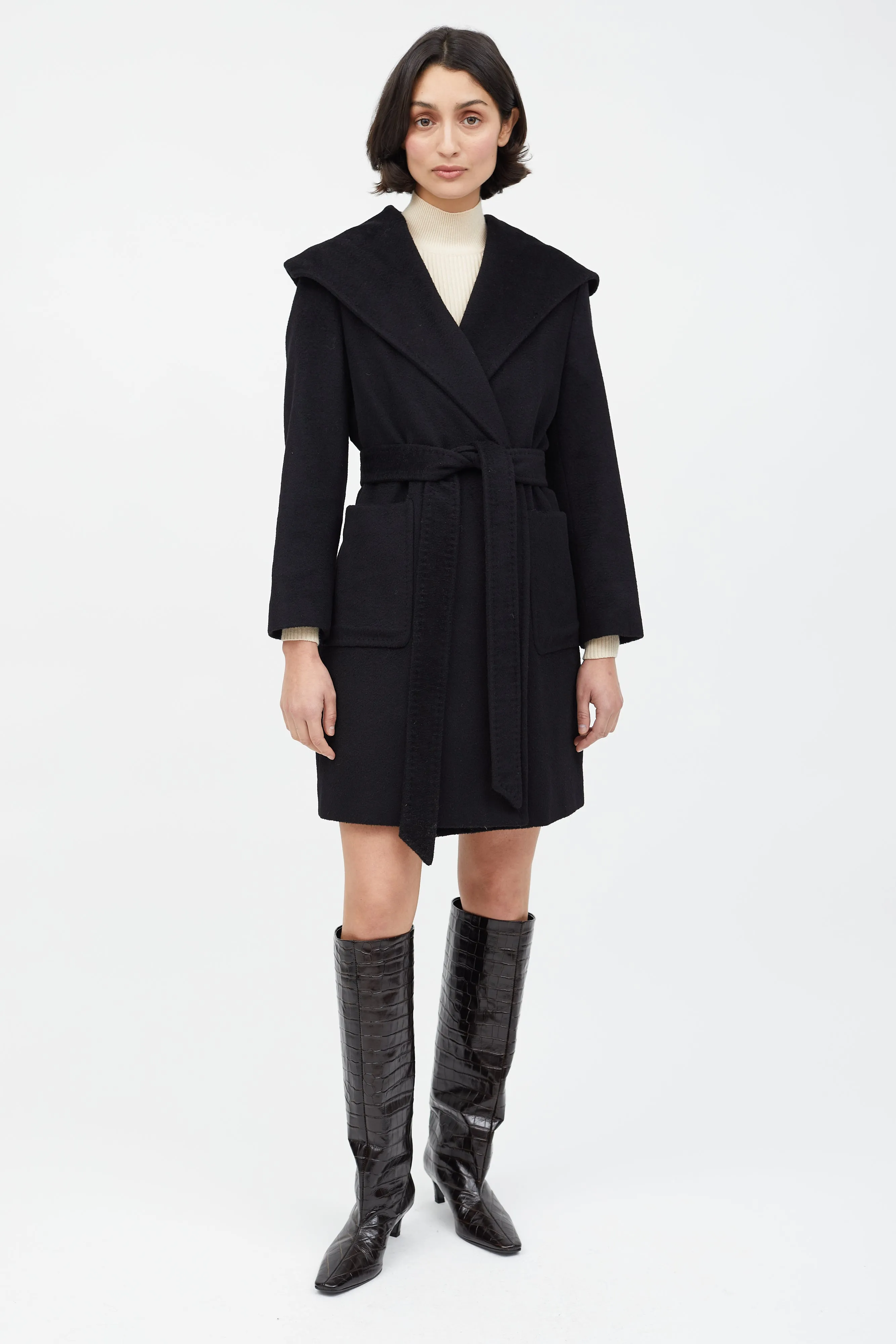 Black Wool Hooded Wrap Coat