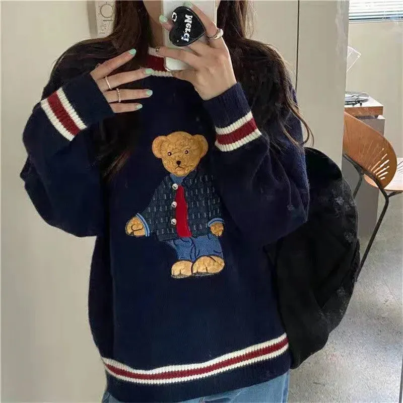 Bonnyshow   Autumn Winter Women's Vest Japanese Style Cartoon Bear Pullover Vest Sweater Oversize Harajuku Kawaii Clothes Knitted Vest