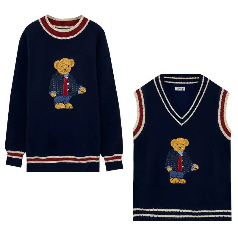 Bonnyshow   Autumn Winter Women's Vest Japanese Style Cartoon Bear Pullover Vest Sweater Oversize Harajuku Kawaii Clothes Knitted Vest