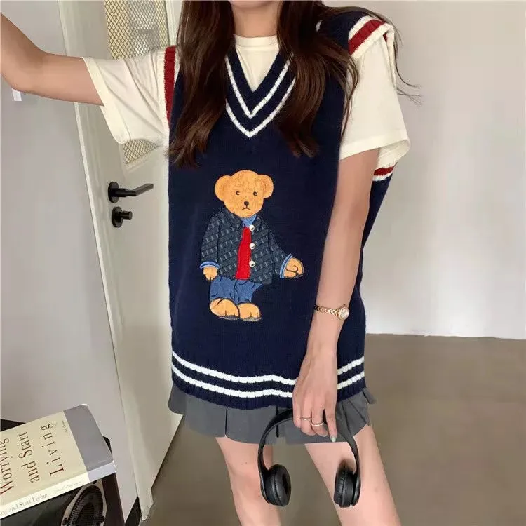 Bonnyshow   Autumn Winter Women's Vest Japanese Style Cartoon Bear Pullover Vest Sweater Oversize Harajuku Kawaii Clothes Knitted Vest