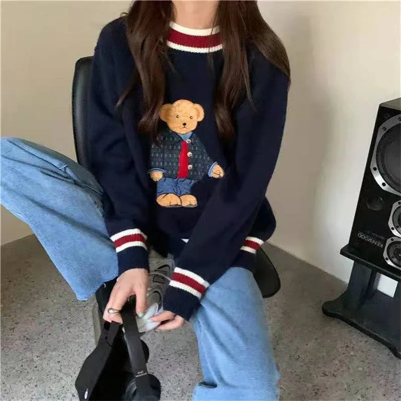 Bonnyshow   Autumn Winter Women's Vest Japanese Style Cartoon Bear Pullover Vest Sweater Oversize Harajuku Kawaii Clothes Knitted Vest