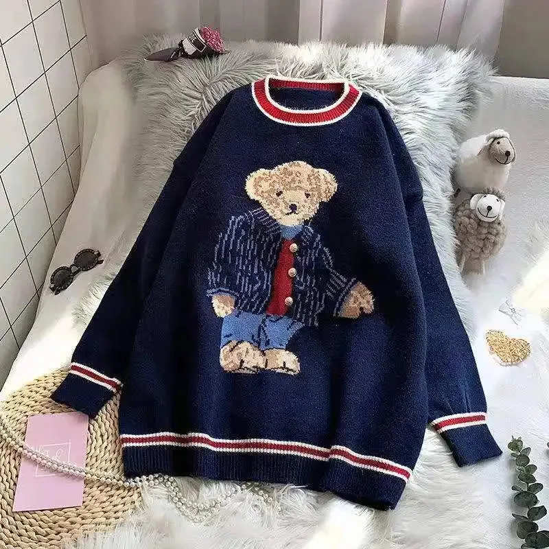 Bonnyshow   Autumn Winter Women's Vest Japanese Style Cartoon Bear Pullover Vest Sweater Oversize Harajuku Kawaii Clothes Knitted Vest