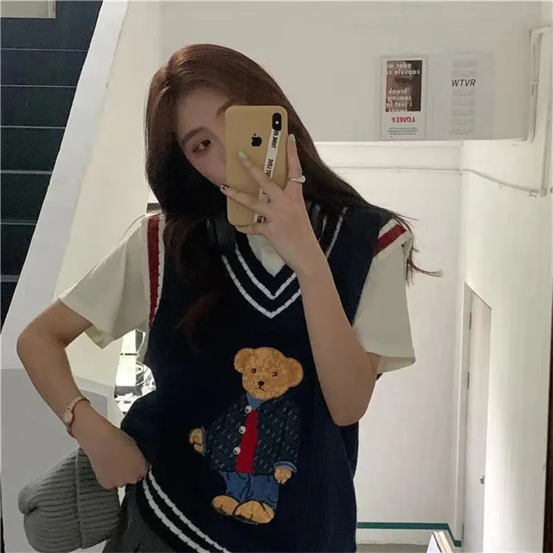 Bonnyshow   Autumn Winter Women's Vest Japanese Style Cartoon Bear Pullover Vest Sweater Oversize Harajuku Kawaii Clothes Knitted Vest