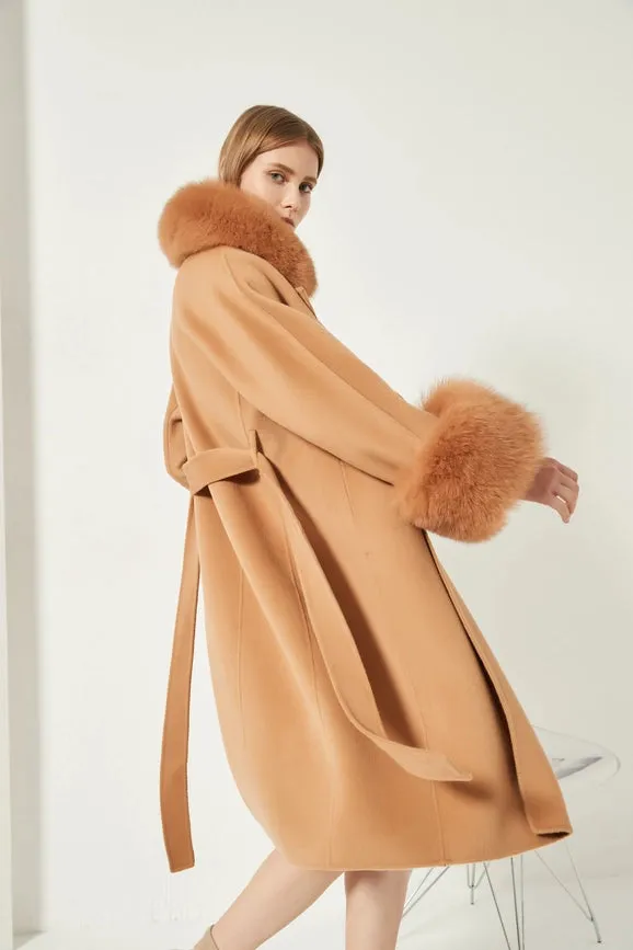 Cashmere Coat with Detachable Fur Collar & Cuffs Camel