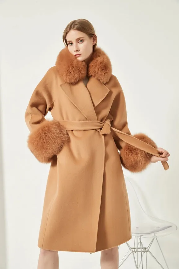 Cashmere Coat with Detachable Fur Collar & Cuffs Camel