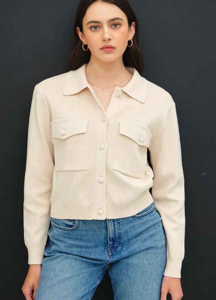 Cropped Button Up Sweater Jacket in Oatmeal by be cool