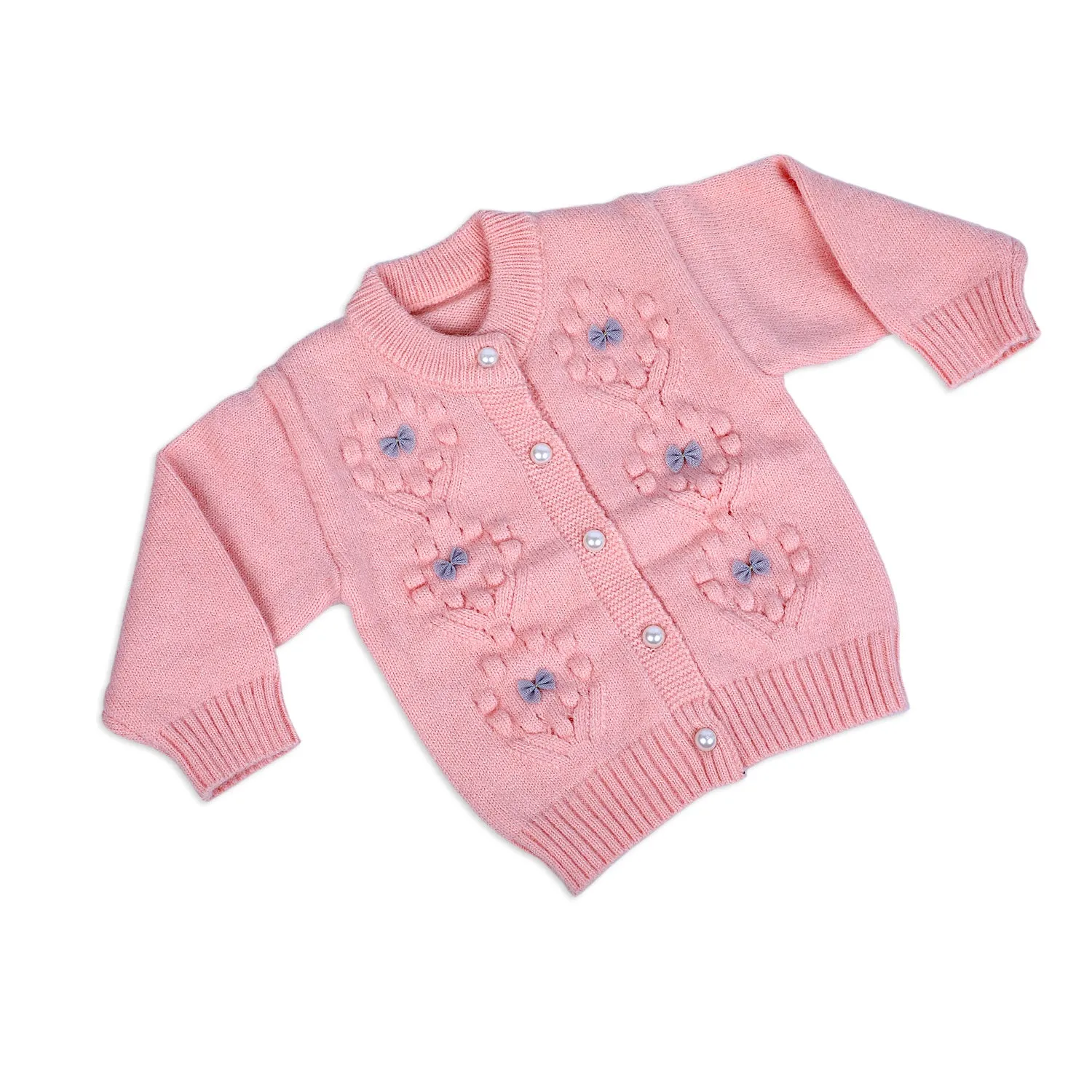 Elegant Bow And Pearl Buttons Premium Full Sleeves Knitted Sweater - Pink