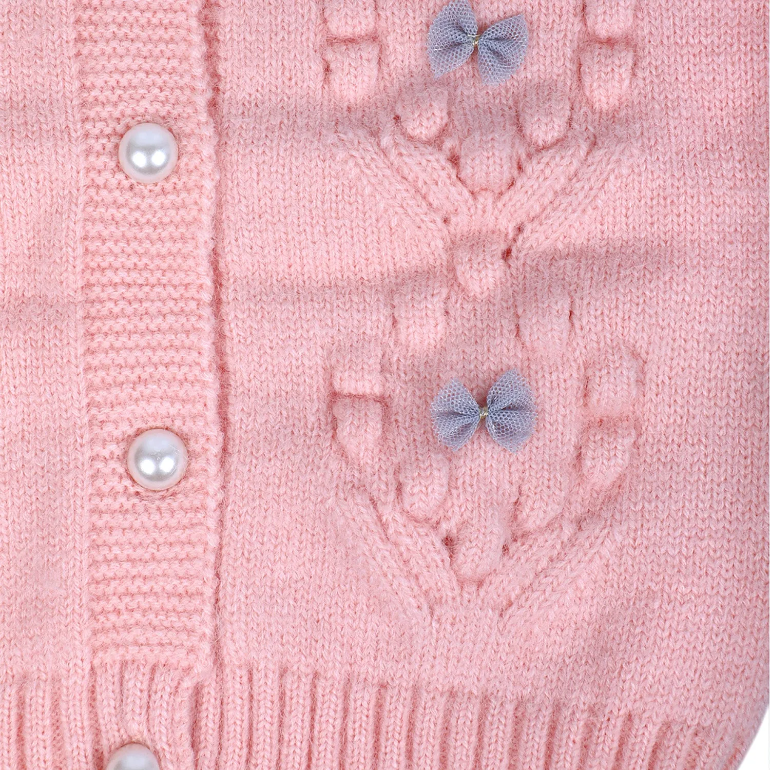 Elegant Bow And Pearl Buttons Premium Full Sleeves Knitted Sweater - Pink