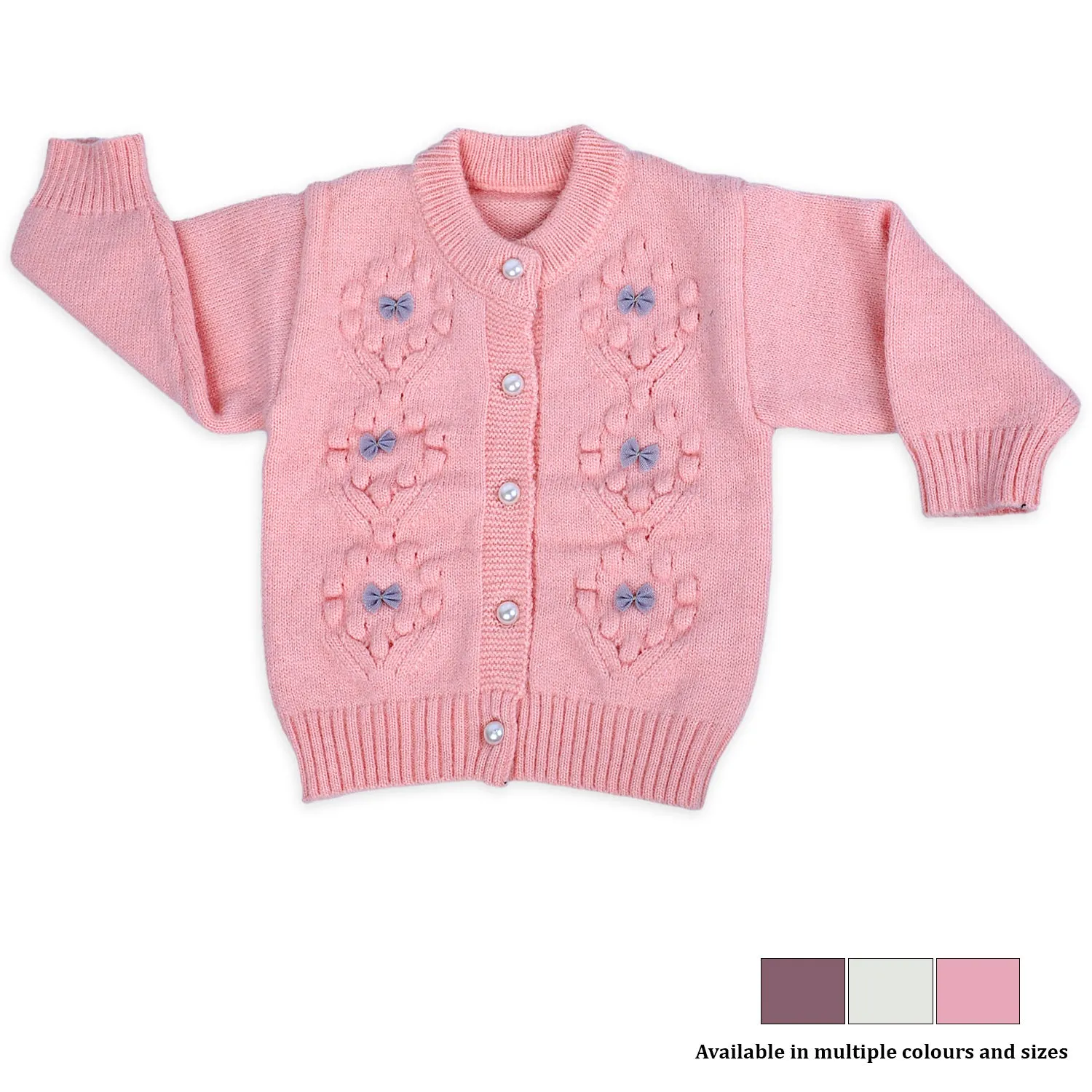 Elegant Bow And Pearl Buttons Premium Full Sleeves Knitted Sweater - Pink