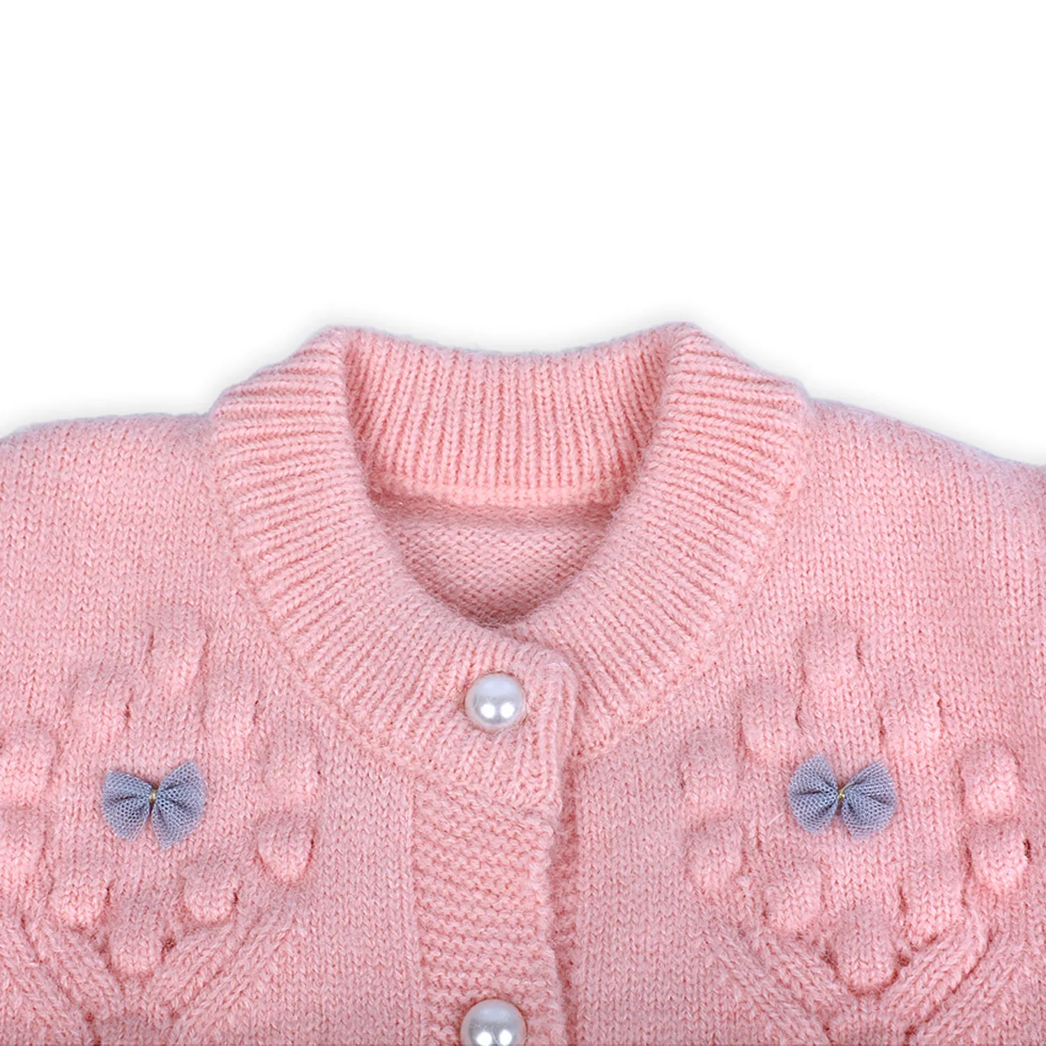 Elegant Bow And Pearl Buttons Premium Full Sleeves Knitted Sweater - Pink