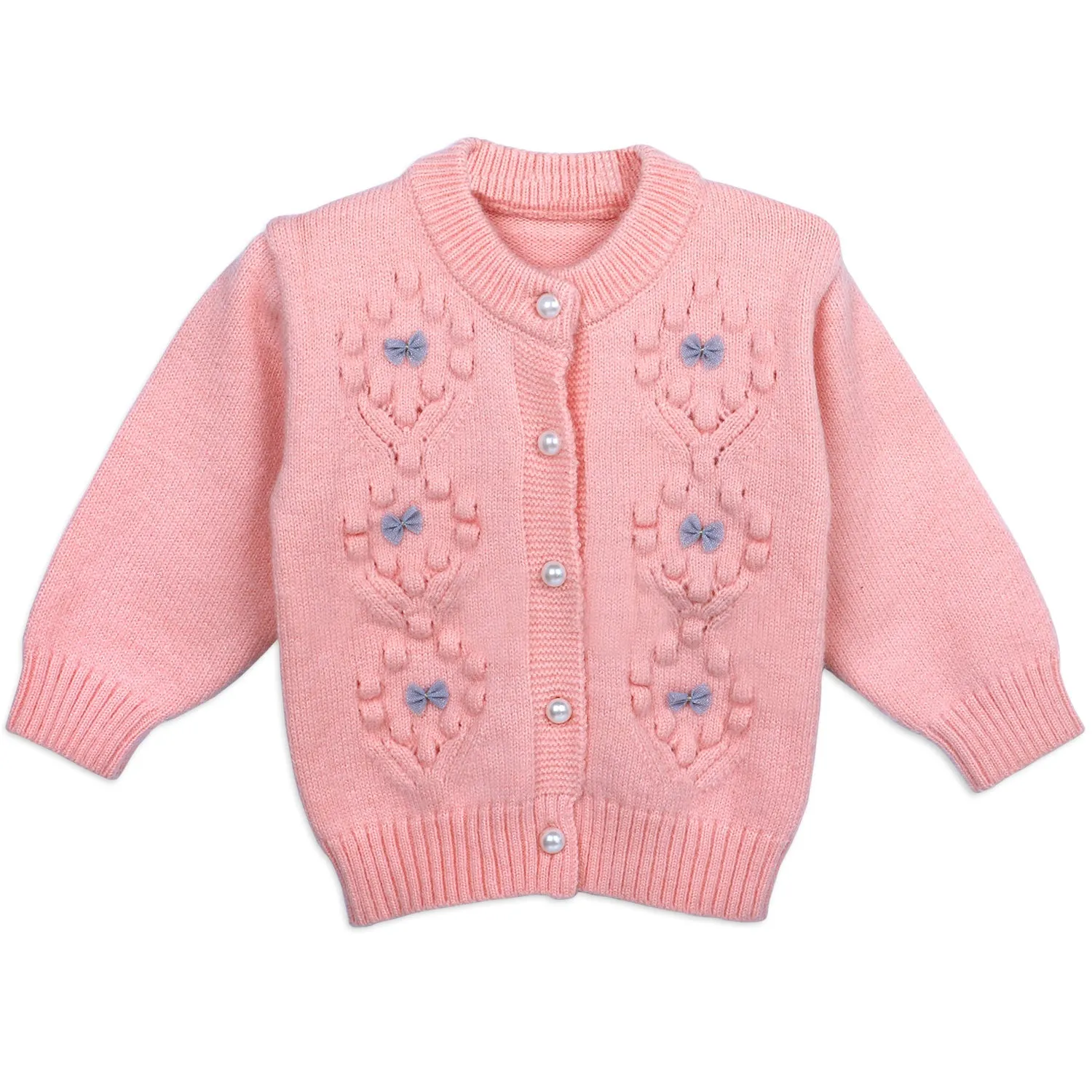 Elegant Bow And Pearl Buttons Premium Full Sleeves Knitted Sweater - Pink