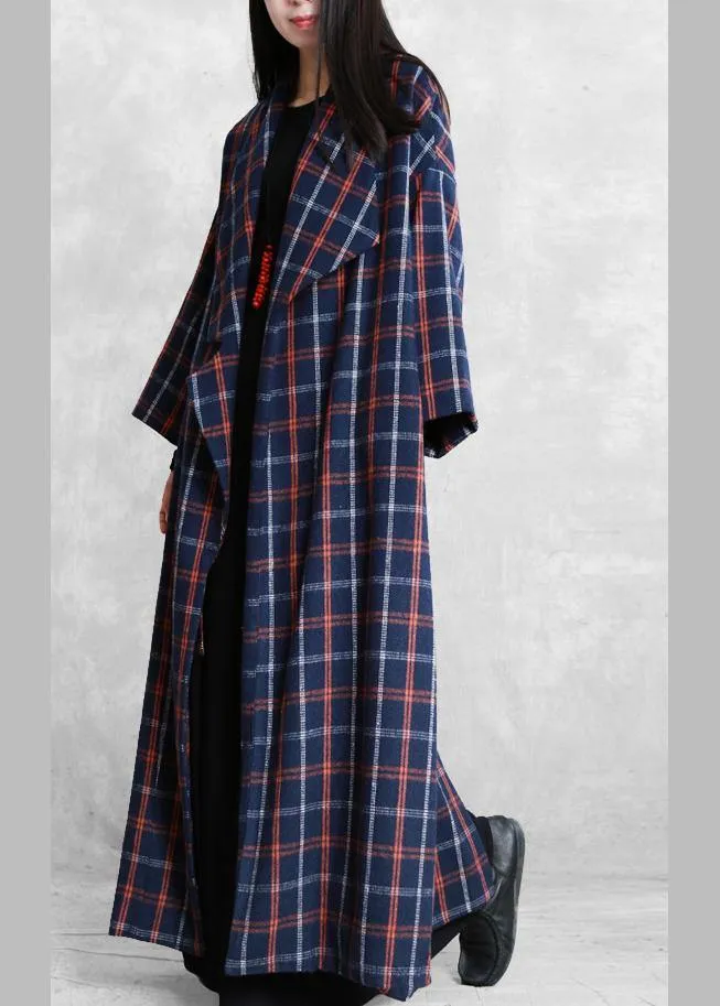 Elegant plus size Coats blue plaid Notched tie waist wool coat for woman