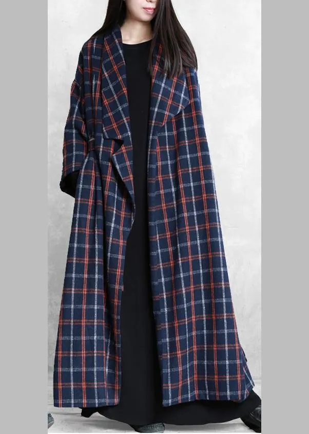 Elegant plus size Coats blue plaid Notched tie waist wool coat for woman