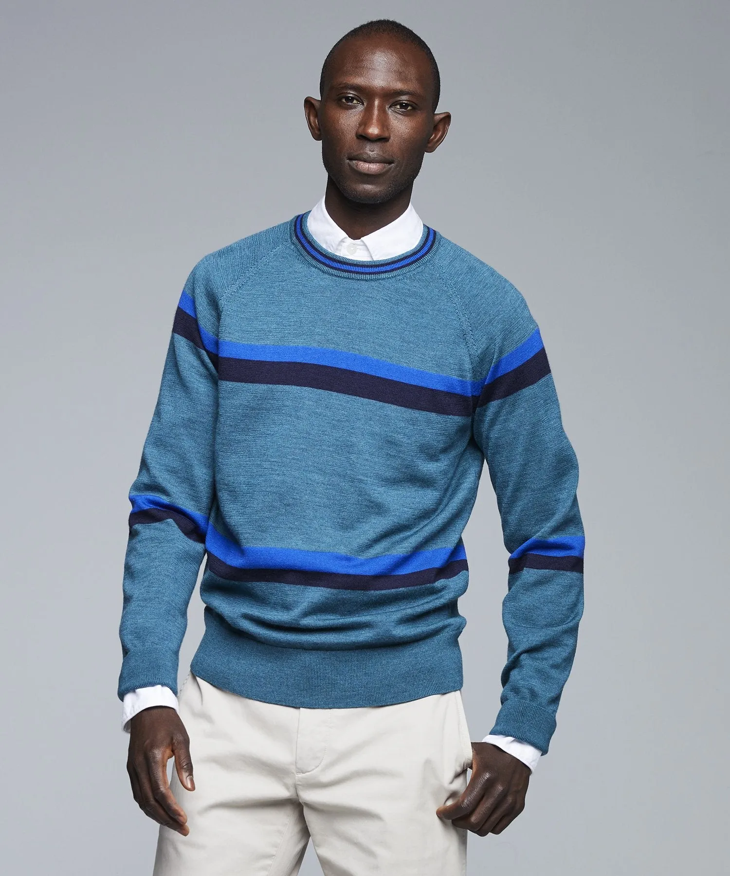 Fine Italian Merino Wool Stripe Crew in Turquoise