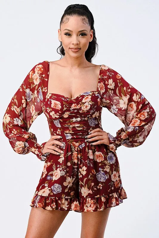 FLORAL SMOCKED SWEETHEART PUFF BELL SLEEVES ROMPER