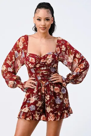 FLORAL SMOCKED SWEETHEART PUFF BELL SLEEVES ROMPER