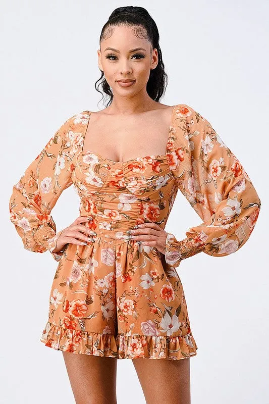 FLORAL SMOCKED SWEETHEART PUFF BELL SLEEVES ROMPER