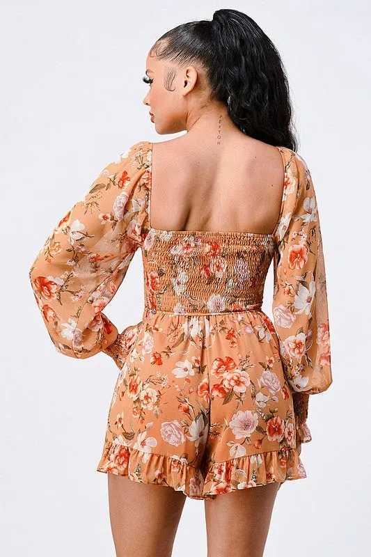 FLORAL SMOCKED SWEETHEART PUFF BELL SLEEVES ROMPER