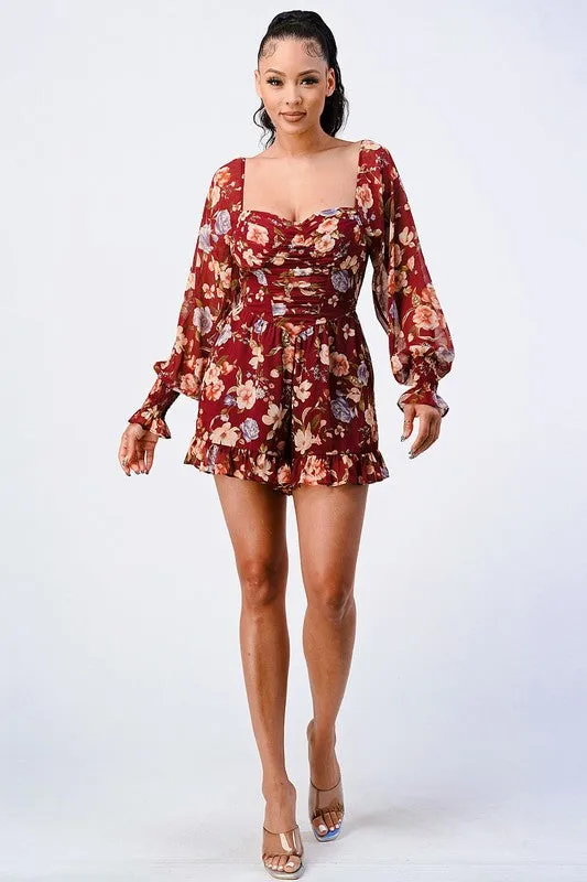 FLORAL SMOCKED SWEETHEART PUFF BELL SLEEVES ROMPER