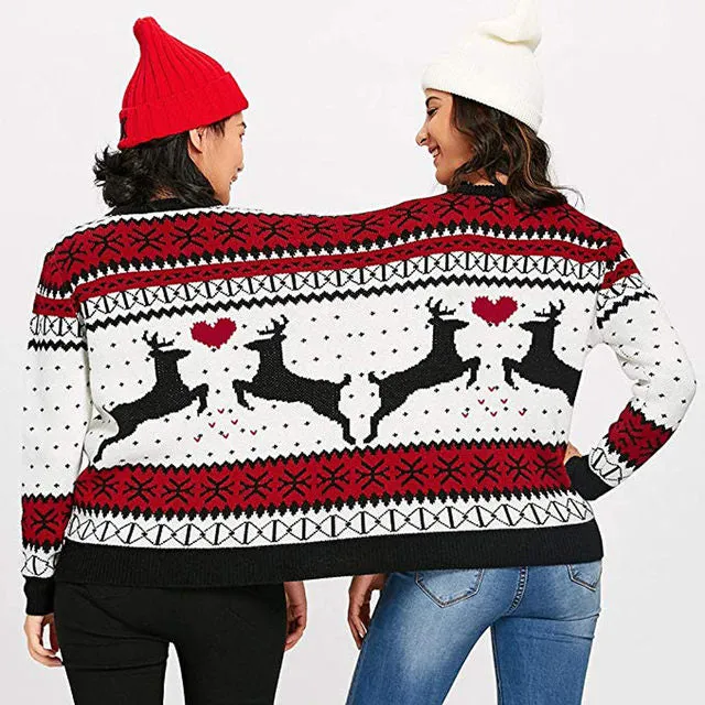 Funny couples 2 person ugly Christmas Xmas reindeer knitted pullover sweater