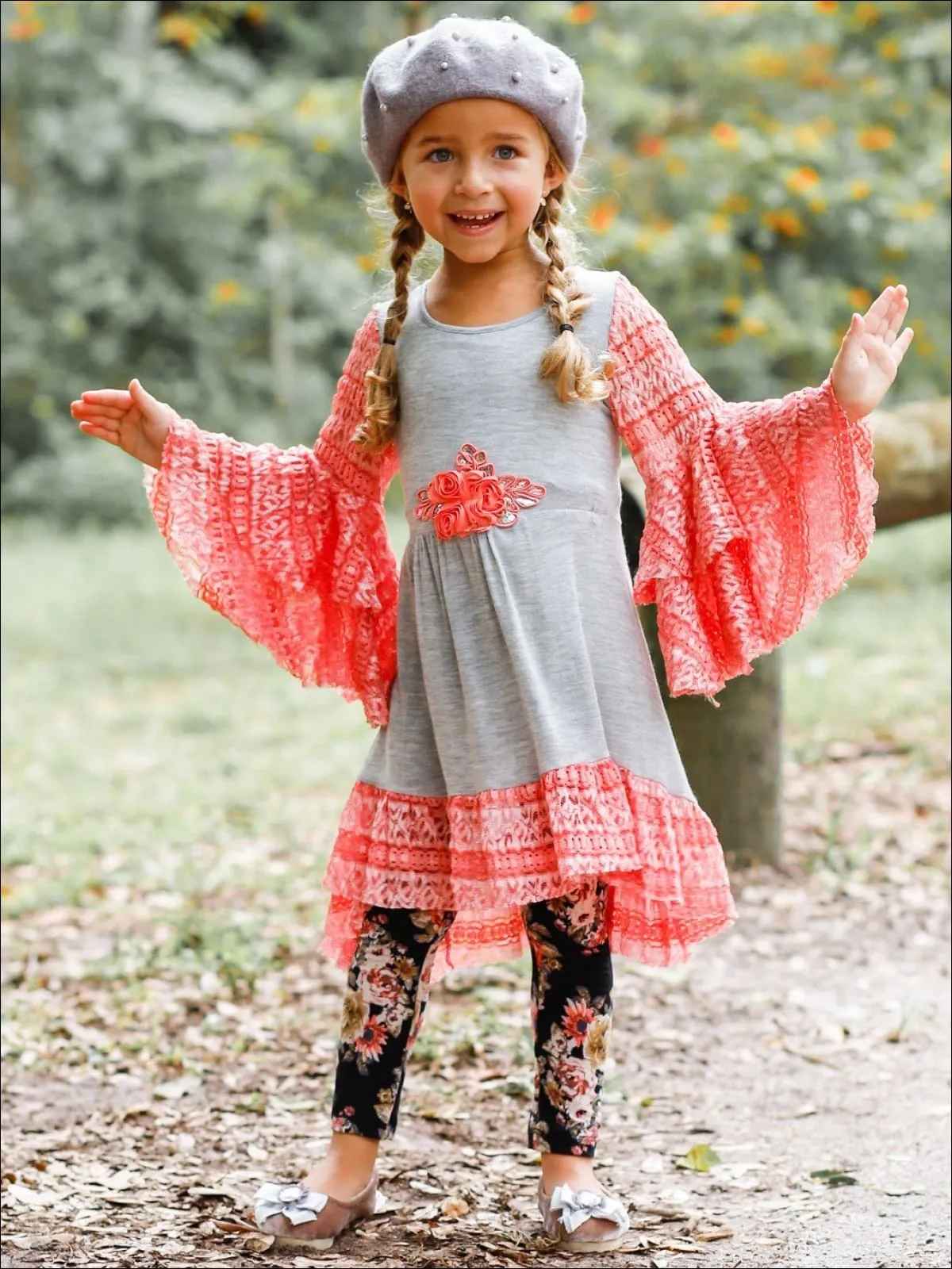 Girls Hi-Lo Tiered Flared Lace Sleeve and Hem Tunic And Legging Set