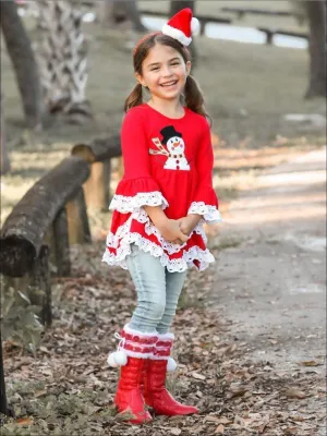 Girls Red Snowman Tunic with White Lace Ruffles