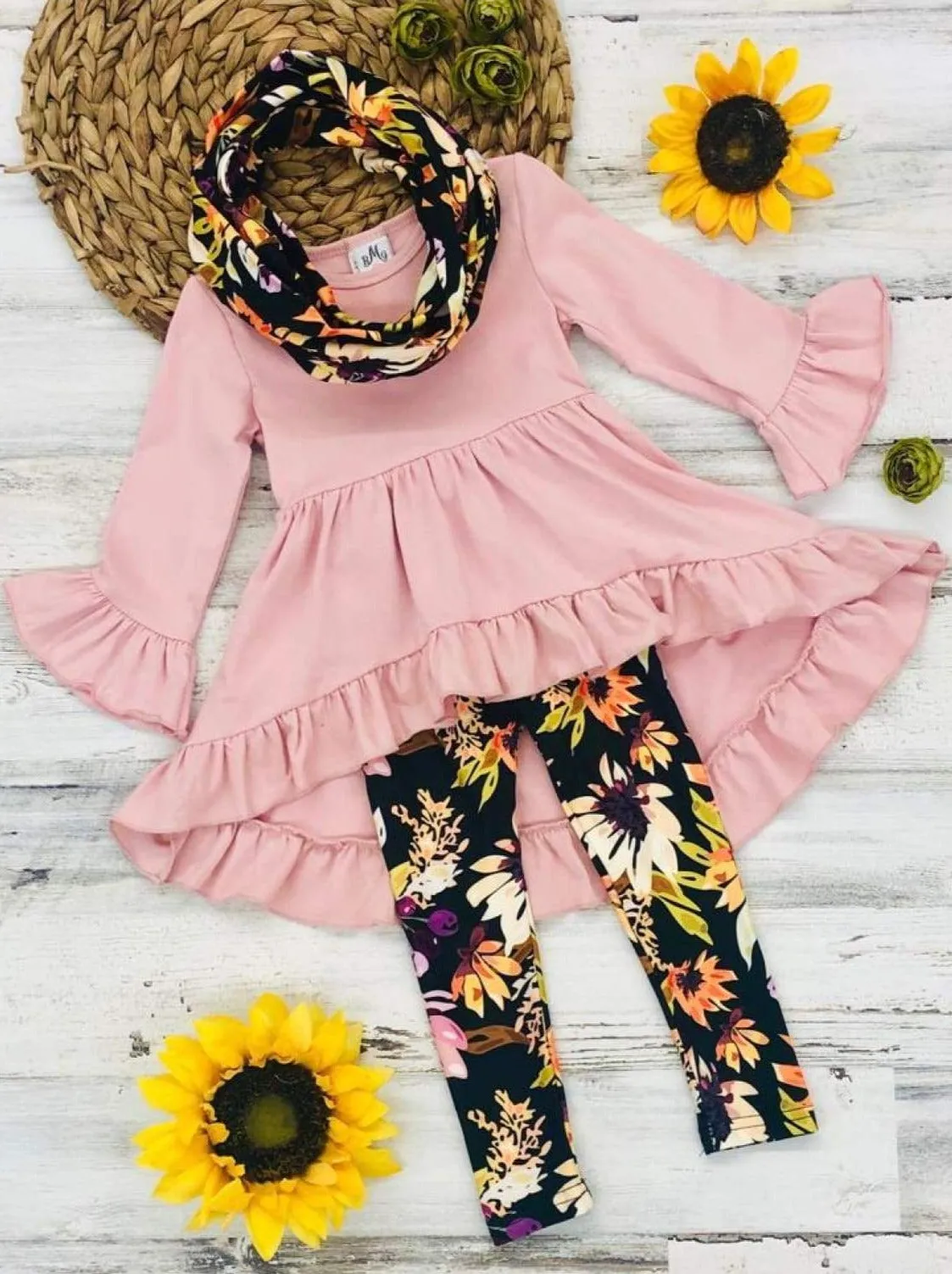 Girls Ruffled 3/4 Sleeve Hi-Lo Tunic, Black Floral Leggings And Scarf Set