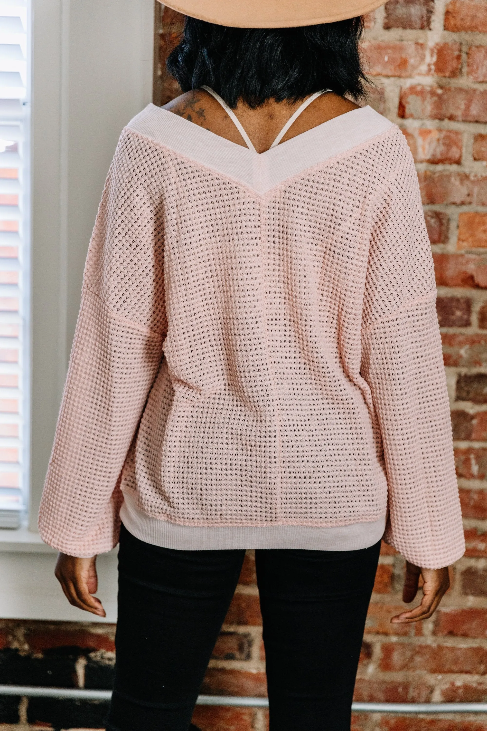 Give Me Joy Powder Pink Waffle Sweater