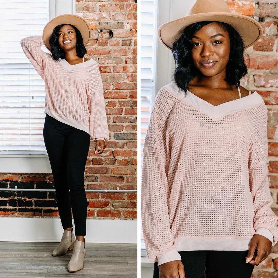 Give Me Joy Powder Pink Waffle Sweater