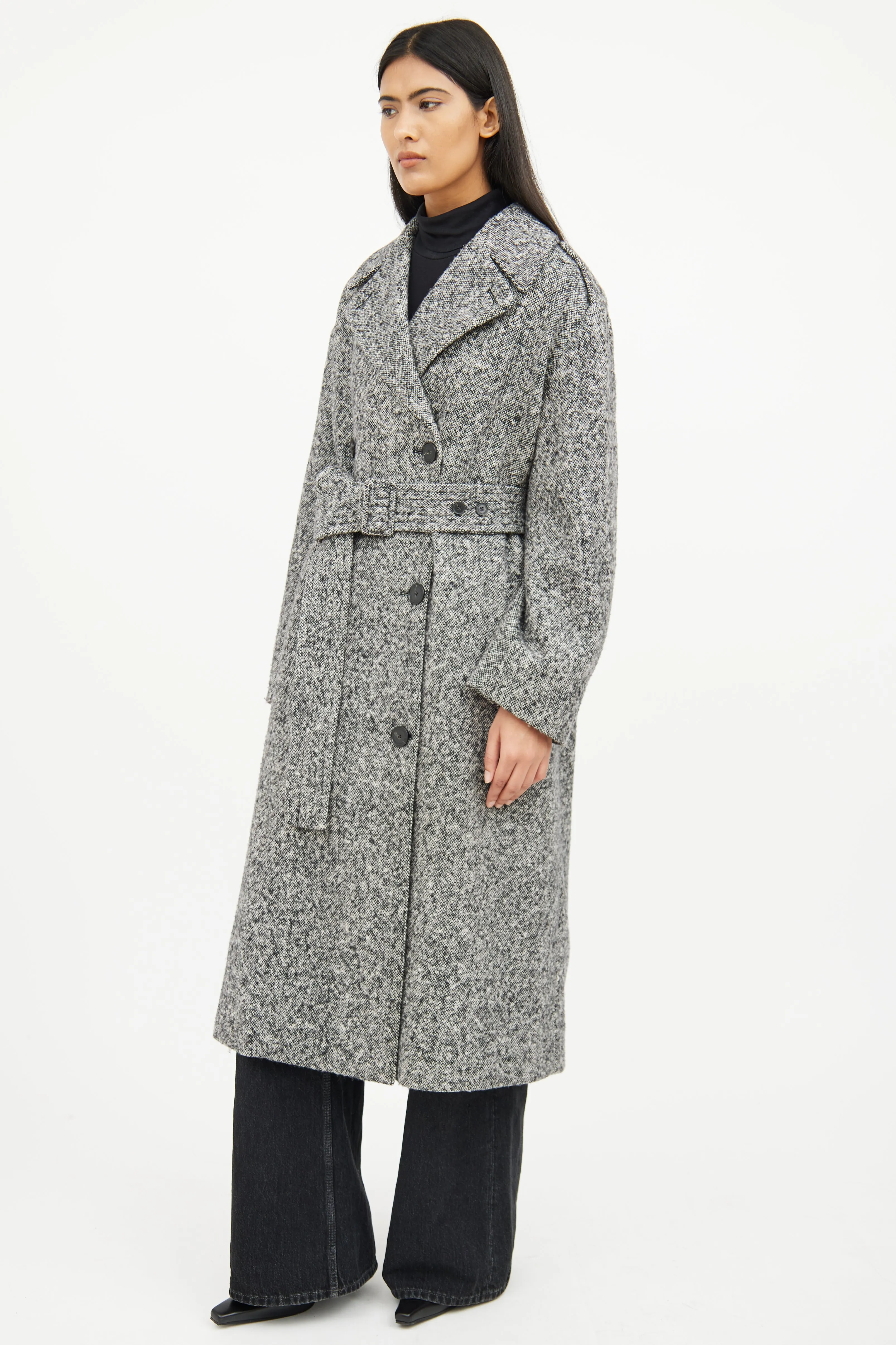 Grey & Black Wool Button Coat