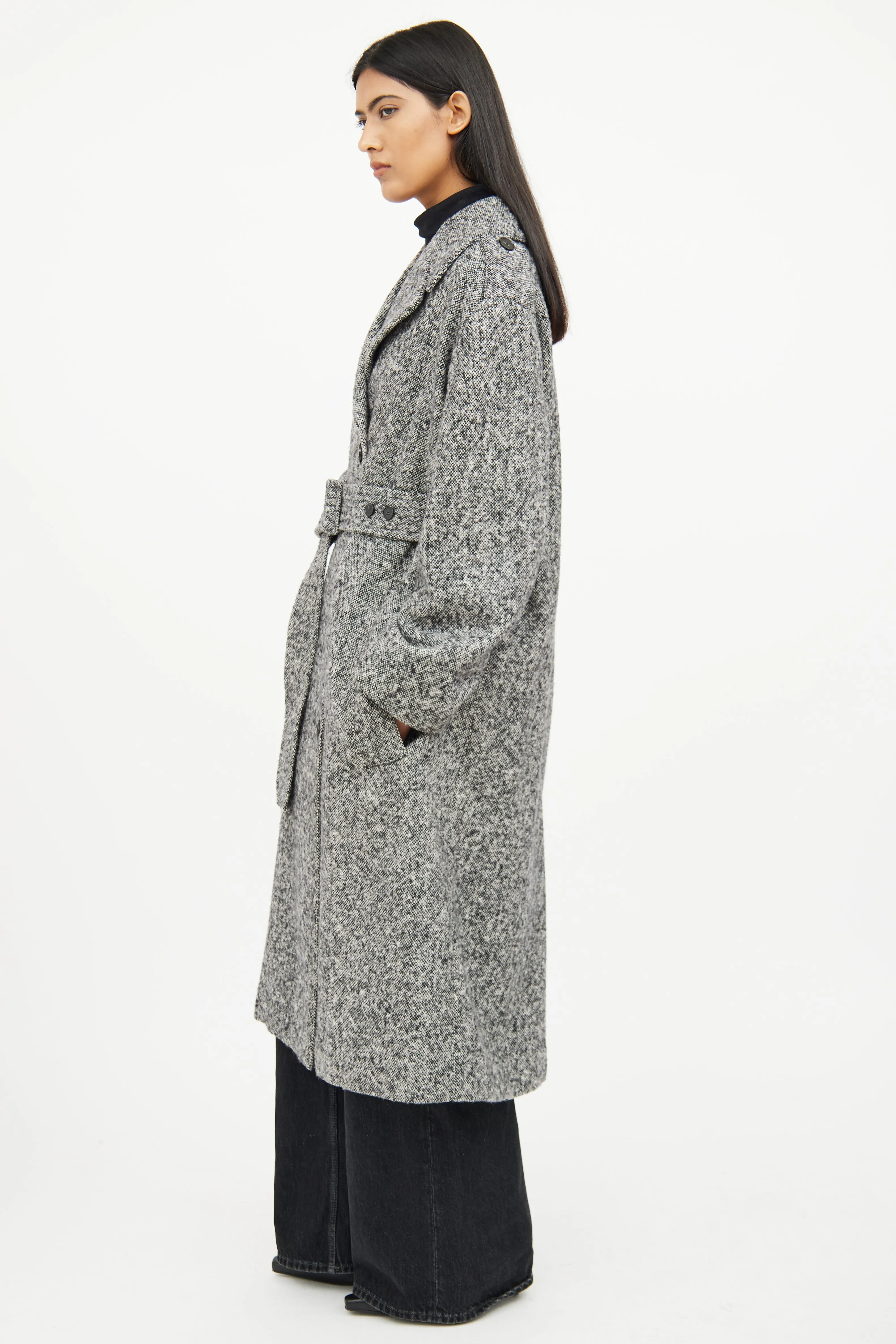 Grey & Black Wool Button Coat