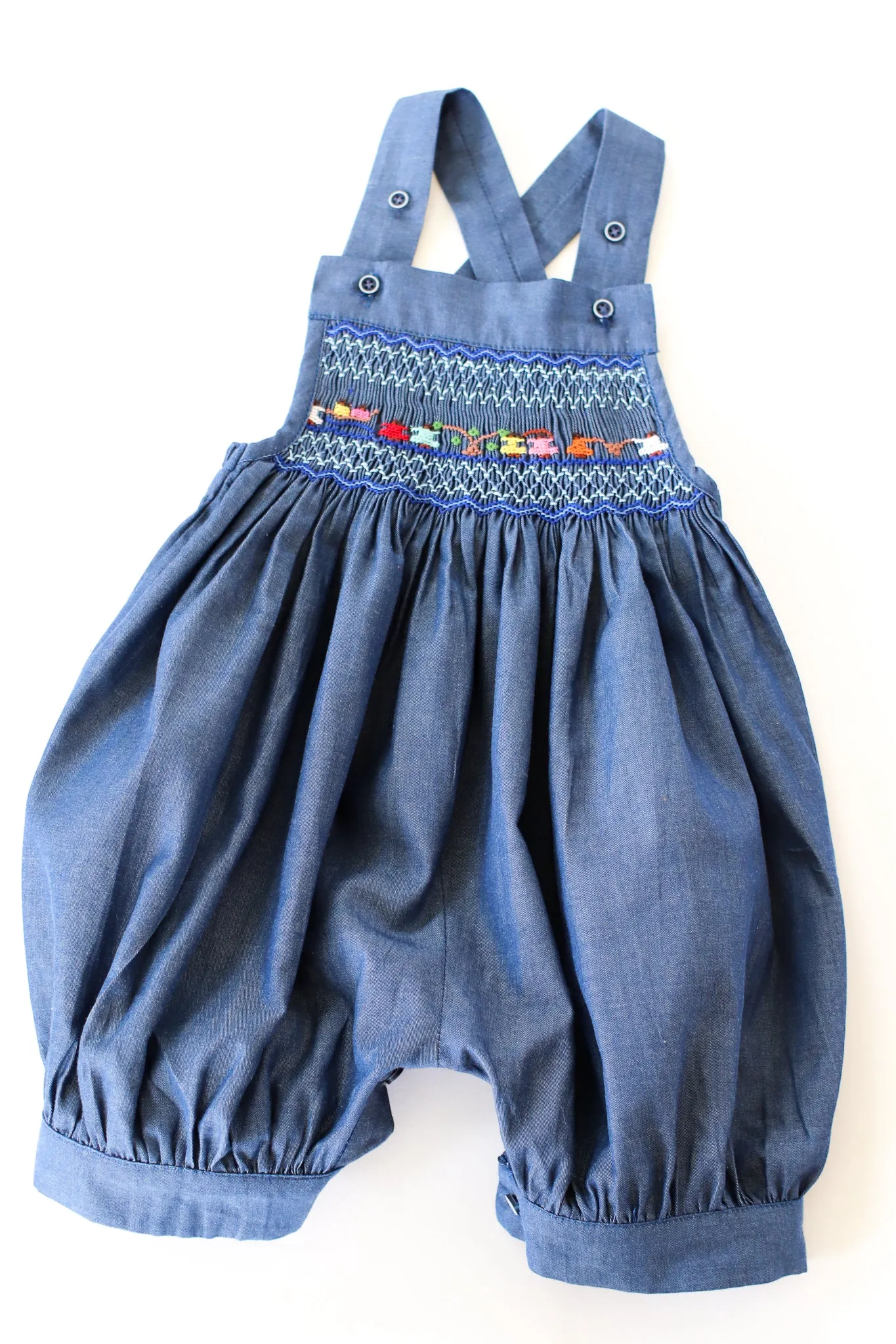 Hand-Smocked Romper Dark Chambray, Children Playing