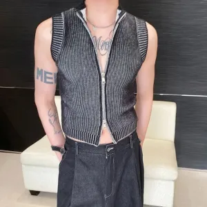 Hnzxzm Knitted Vest Men's Stand Collar Handsome Sweater Vest Korean Streetwear Male Clothing 2024 Spring Summer Fashion New