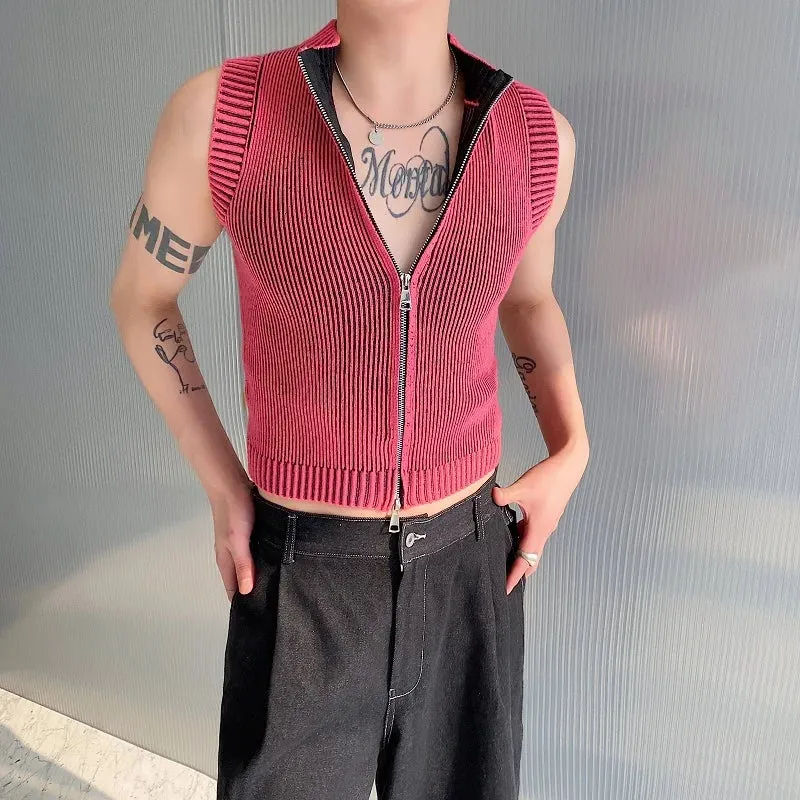 Hnzxzm Knitted Vest Men's Stand Collar Handsome Sweater Vest Korean Streetwear Male Clothing 2024 Spring Summer Fashion New