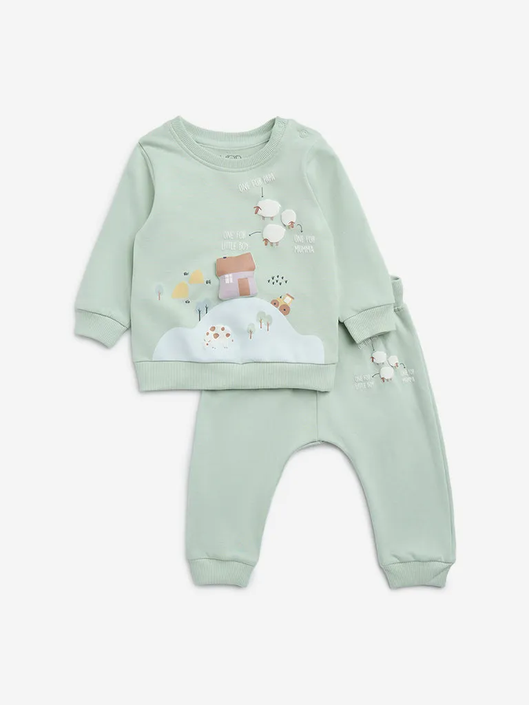 HOP Baby Mint Embossed Cotton Sweatshirt and Joggers Set