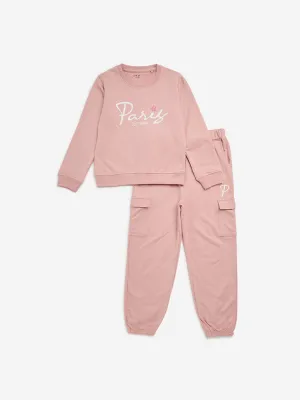 HOP Kids Dusty Pink Text Design Sweatshirt with Joggers Set