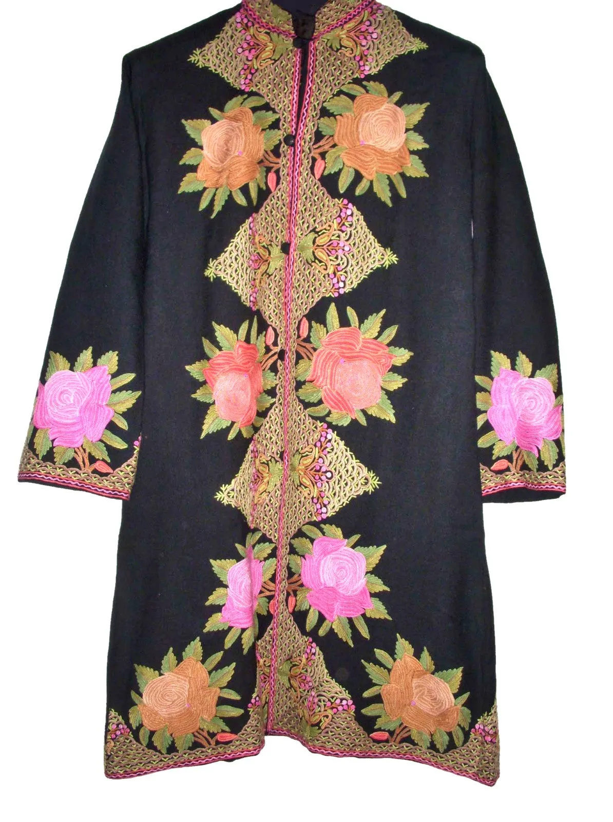 Kashmiri Woolen Coat Black, Multicolor Embroidery #AO-121