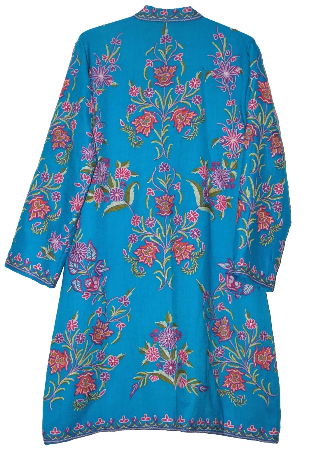 Kashmiri Woolen Coat Sky Blue, Multicolor Embroidery #AO-1130