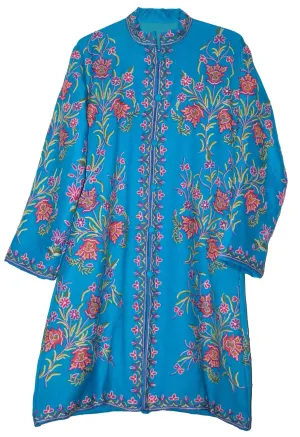 Kashmiri Woolen Coat Sky Blue, Multicolor Embroidery #AO-1130