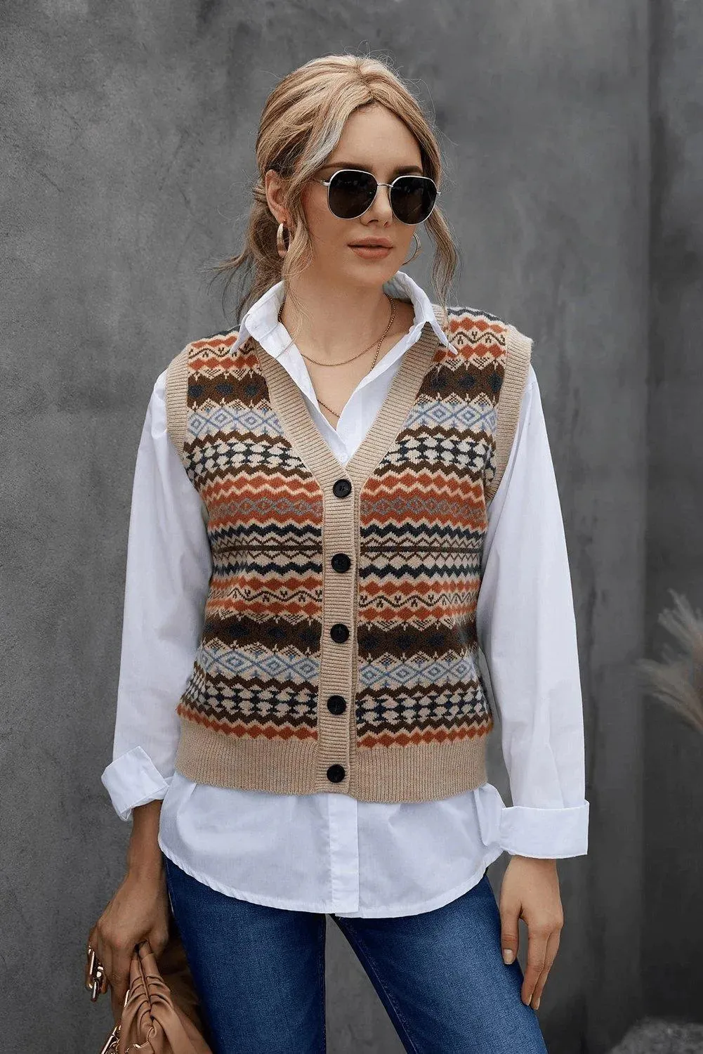 Khaki Geometric Print Buttoned V Neck Sweater Vest